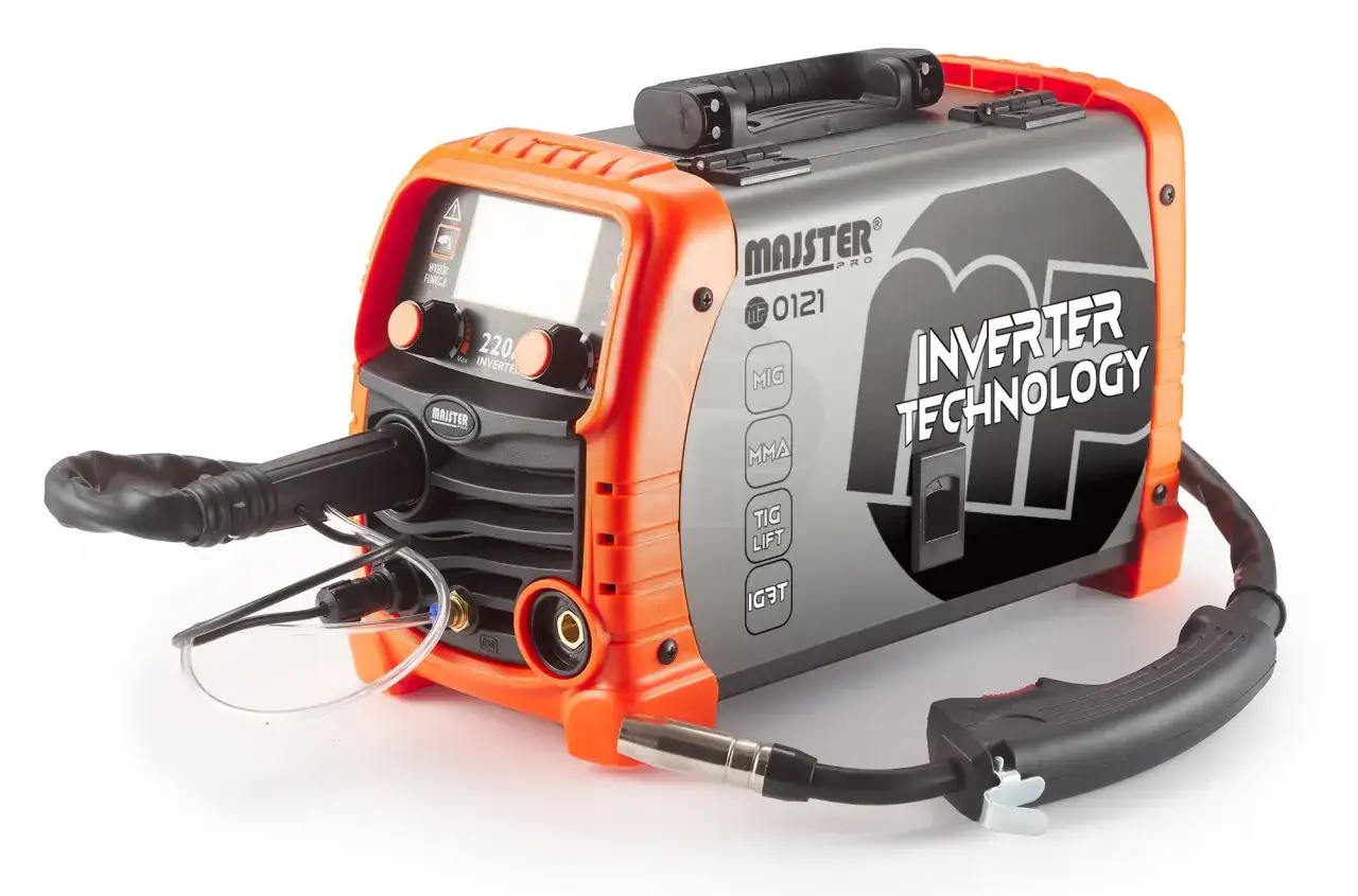 Pomarańczowa spawarka inwertorowa MAJSTER PRO MP0121 z technologią IGBT. Idealna spawarka do domu, obsługuje tryby MIG, MMA, TIG Lift.