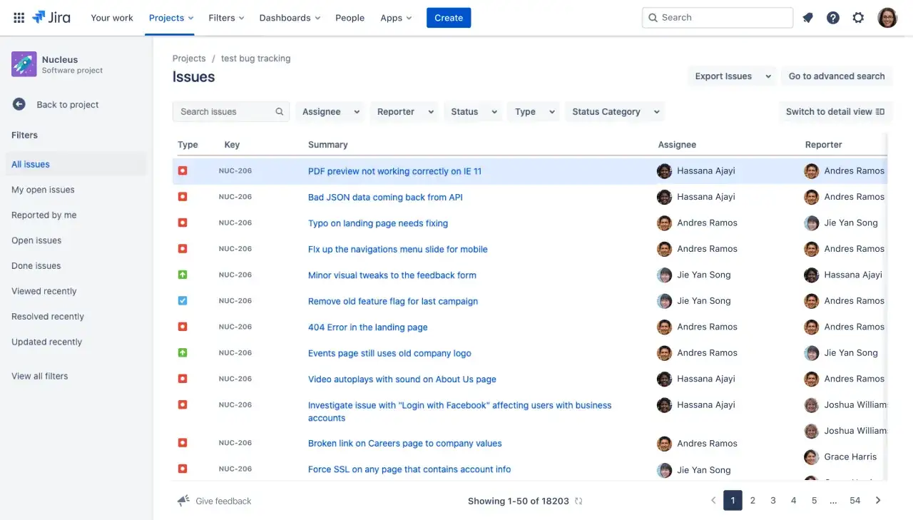 Przykładowy bug report w Jira: lista zgłoszonych błędów, takich jak
