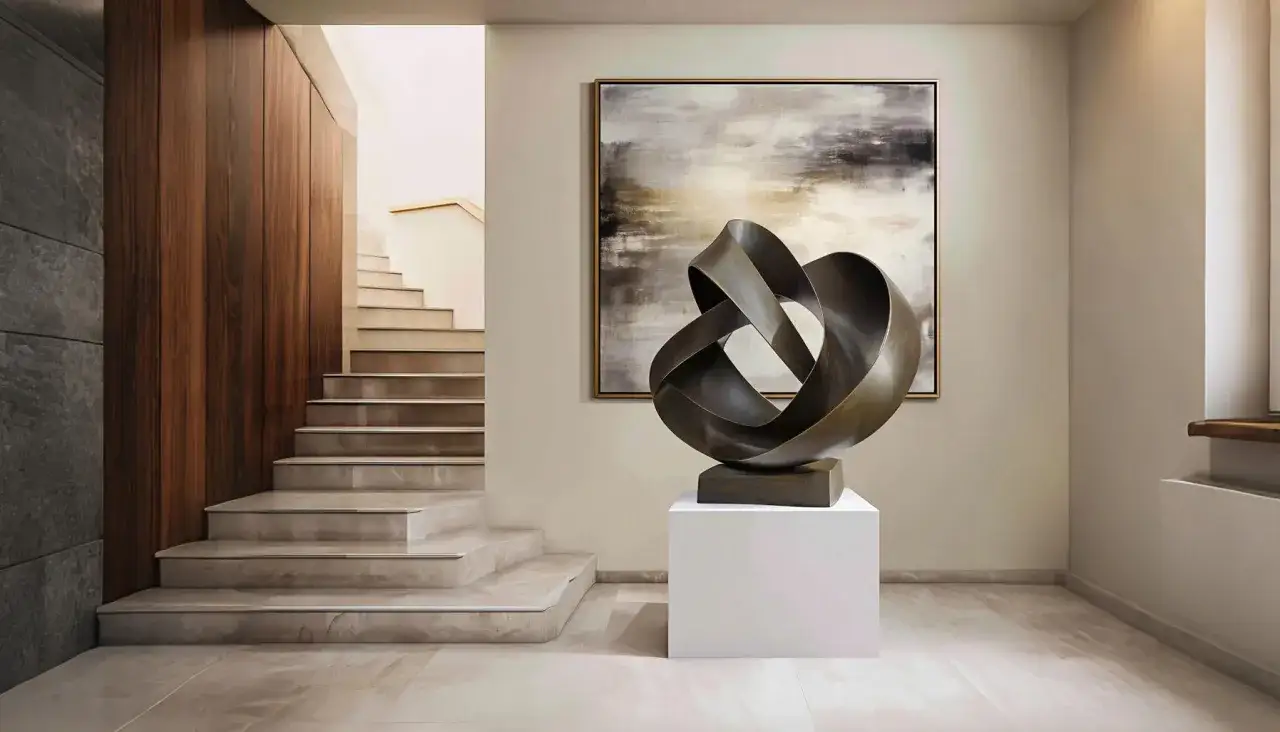 Esculturas de arte moderno adornan este elegante vest&iacute;bulo con escaleras de m&aacute;rmol y paneles de madera.