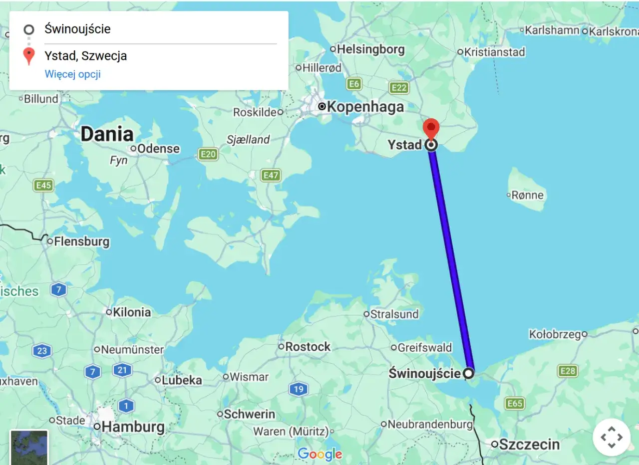 Trasa promowa Świnoujście-Ystad. Mapa pokazuje połączenie między polskim Świnoujściem a szwedzkim Ystad.