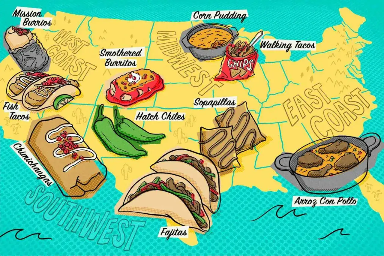 Mapa USA z daniami tex mex: burritos, tacos, chimichangas, fajitas, sopapillas, arroz con pollo i inne.