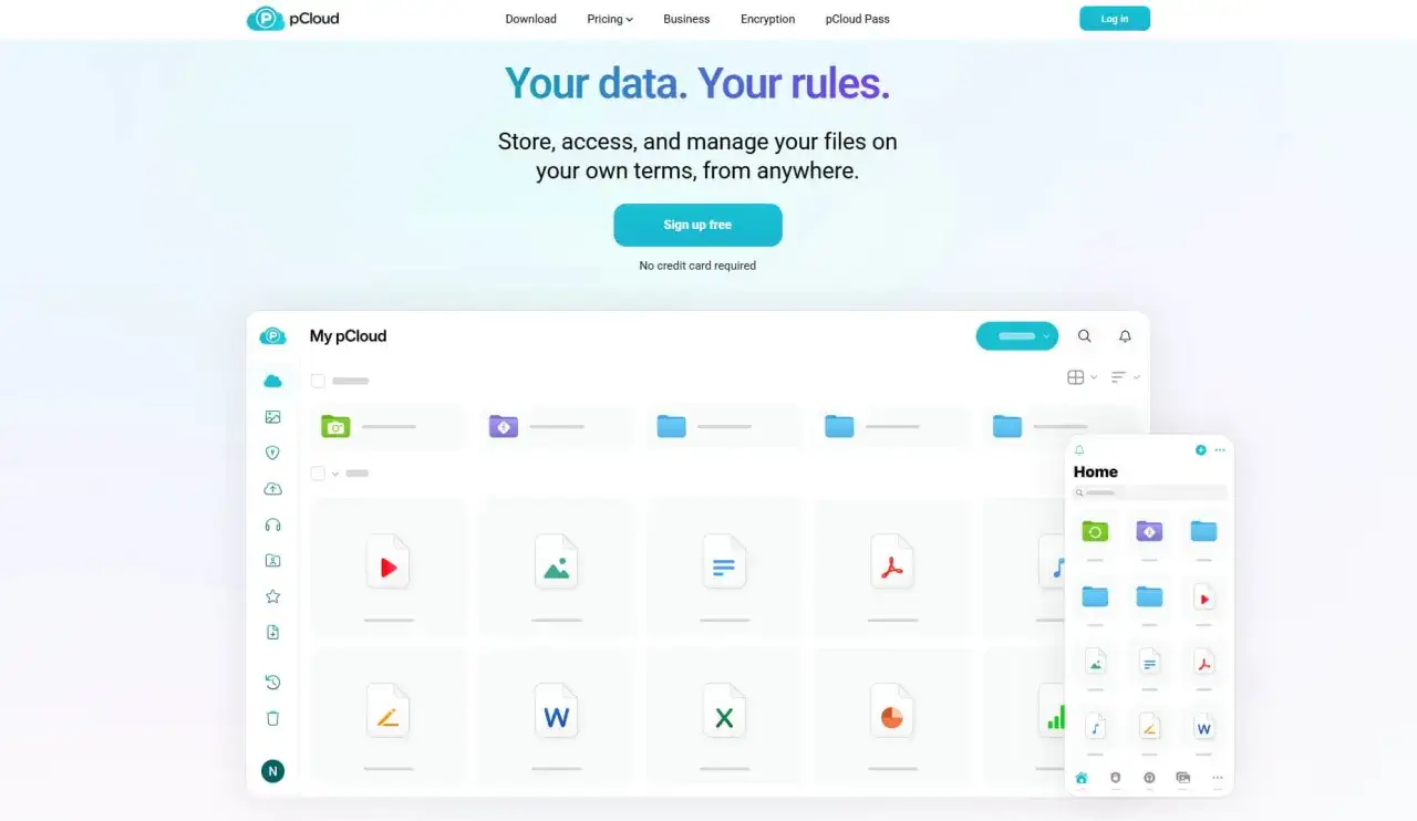 pCloud interface showing how to store videos online with folders and file icons.