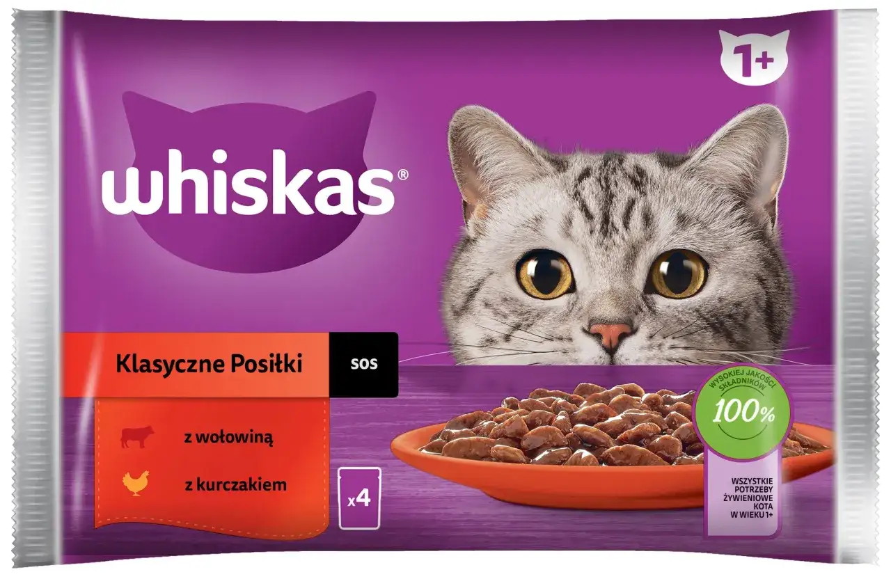 Czy whiskas to dobra karma? Opakowanie karmy dla kota Whiskas Klasyczne Posiłki z wołowiną i kurczakiem, z wizerunkiem kota i miską pełną jedzenia.