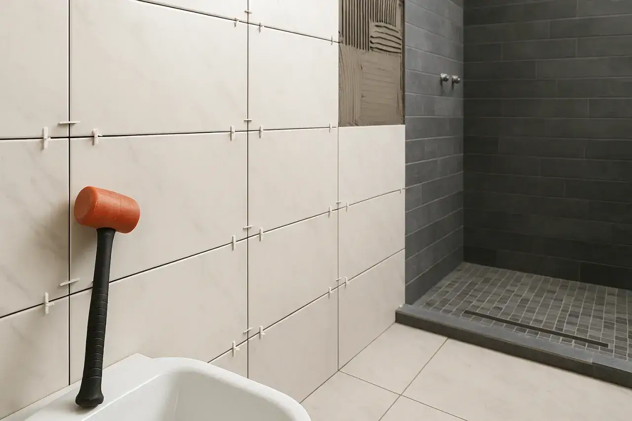 Herramientas listas para alicatar ba&ntilde;o. Azulejos blancos y grises, mazo de goma y ba&ntilde;era.