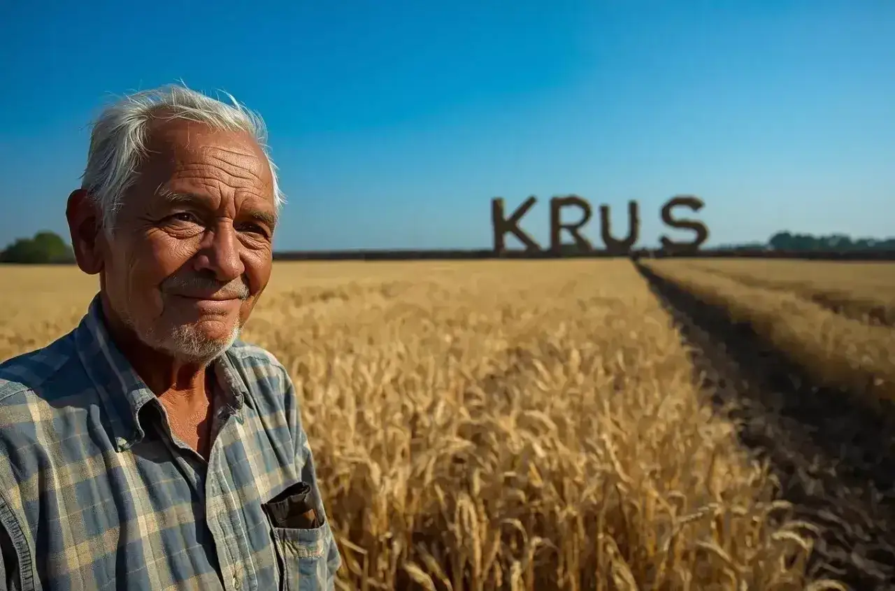 Uśmiechnięty rolnik na tle pola pszenicy. Zastanawia się, ile wynosi emerytura rolnicza, gdy widzi napis KRUS.