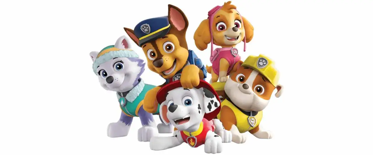Psi Patrol: Chase, Marshall, Skye, Everest i Rubble – wesołe psiaki różnych ras gotowe do akcji.