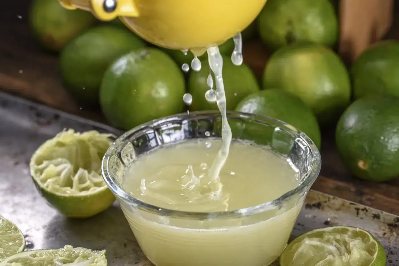 Frischer Limettensaft tropft aus einer Zitruspresse in eine Sch&uuml;ssel. So einfach l&auml;sst sich **lime juice selber machen** f&uuml;r Cocktails oder Erfrischungen.