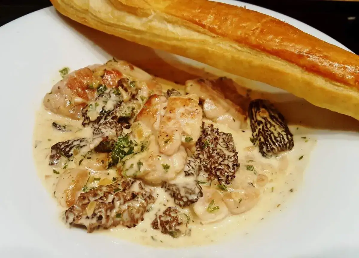 Délicieux ris de veau en sauce crémeuse avec des morilles, accompagné d'une baguette croustillante.