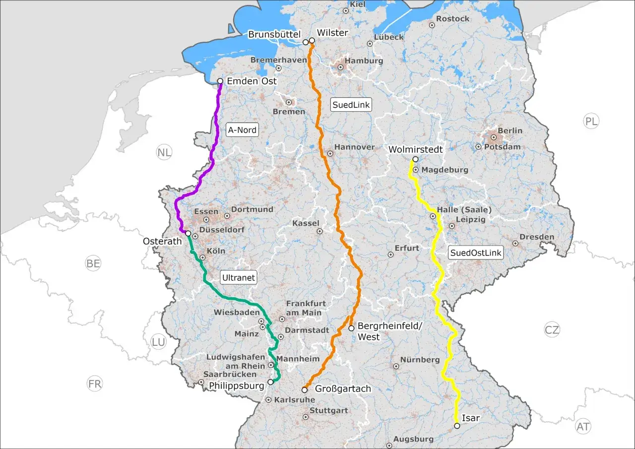 Karte zeigt Stromleitungen in Deutschland, die Strompreiszonen verbinden.