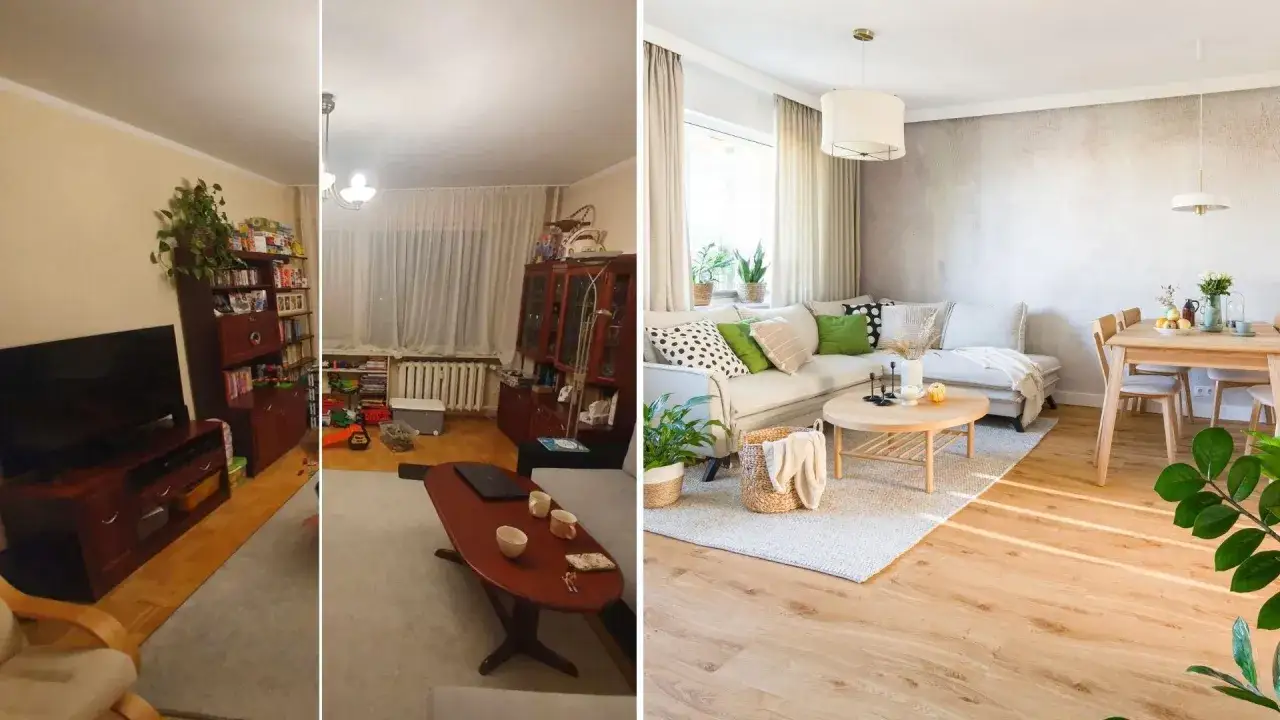 Przed i po metamorfozie salonu. Kto to zrobił? Nowoczesny styl, jasne kolory, wygodna kanapa i stolik kawowy.