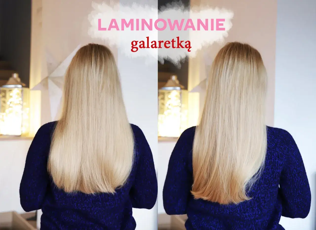 Efekt lśniących włosów po zabiegu laminowanie włosów galaretką. Dwa ujęcia tej samej blond fryzury, porównanie przed i po.