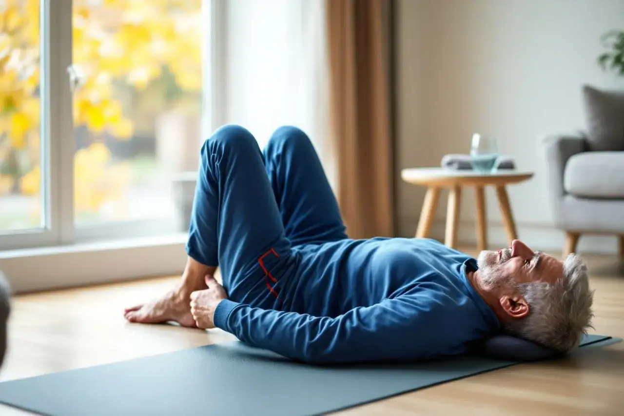 Un homme senior fait du gym dos, allongé sur un tapis de yoga près d'une fenêtre.