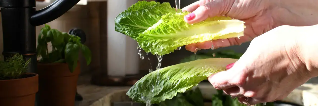 Hände waschen knackige Romana Salatblätter unter fließendem Wasser. Frische Kräuter im Hintergrund.