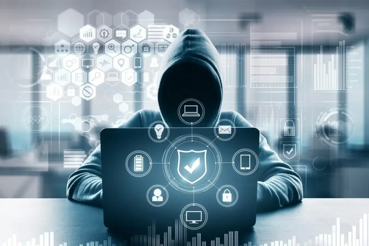 Anonimowa postać w kapturze pracuje przy laptopie, otoczona ikonami symbolizującymi cyberbezpieczeństwo firmy i ochronę danych.