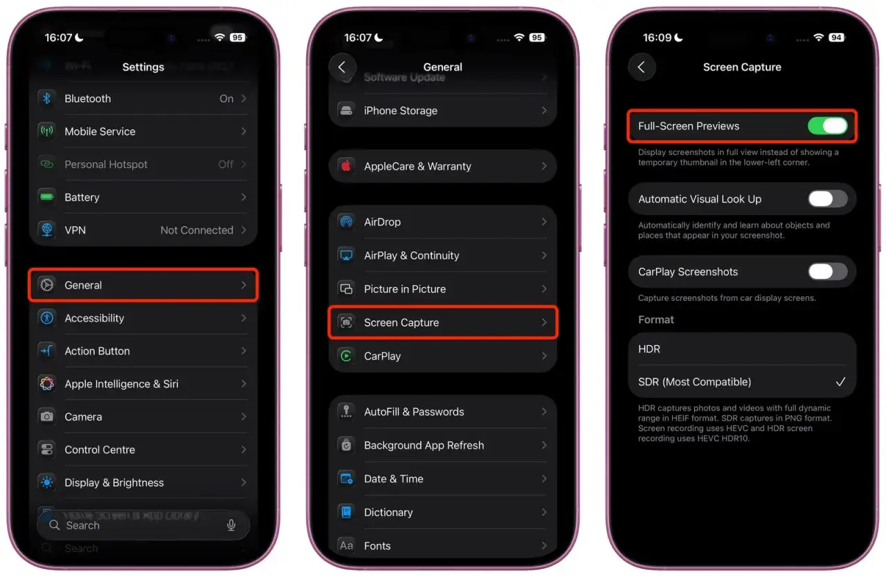 Ustawienia iOS 26.3: włącz podgląd zrzutów ekranu na pełnym ekranie.