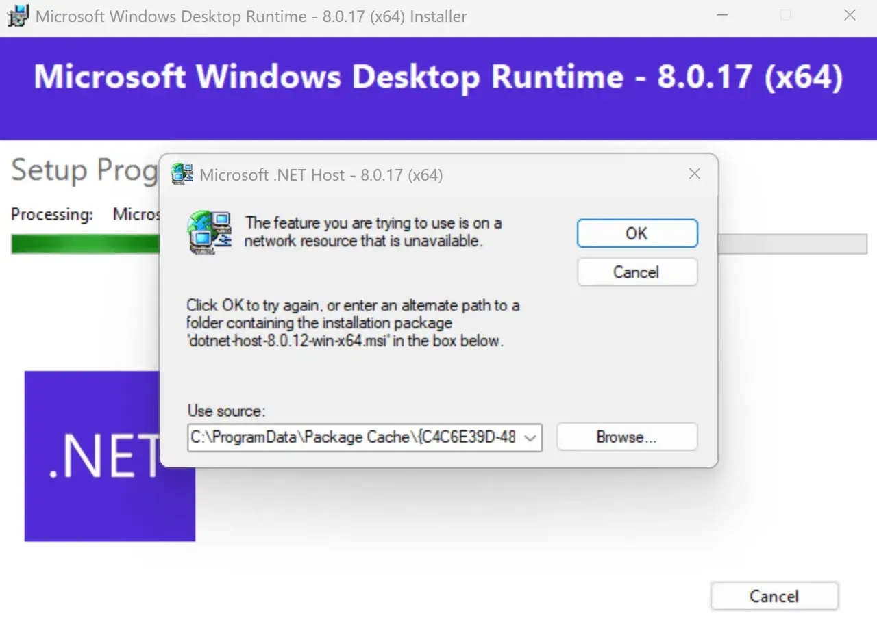 Fehler bei der Installation des .NET Desktop Runtime. Eine Netzwerkressource ist nicht verf&uuml;gbar.