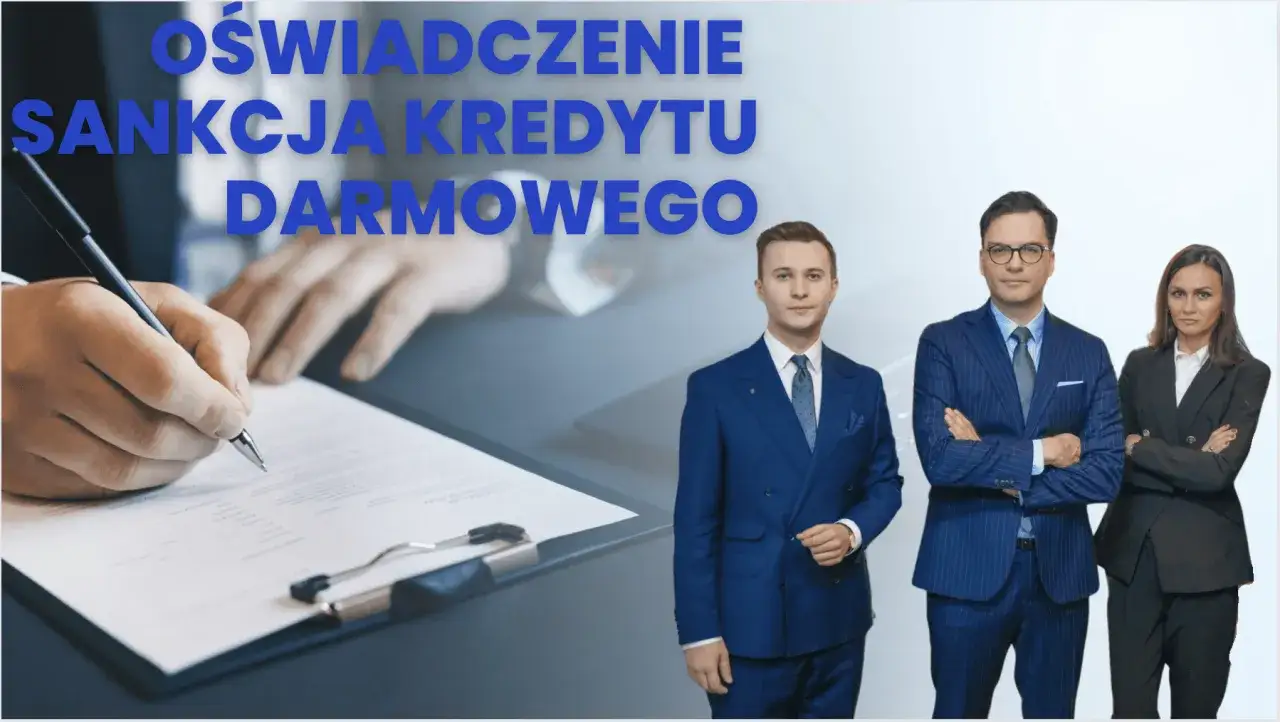 Oświadczenie sankcja kredytu darmowego. Trzy osoby w garniturach stoją obok siebie, podczas gdy ręka podpisuje dokument.