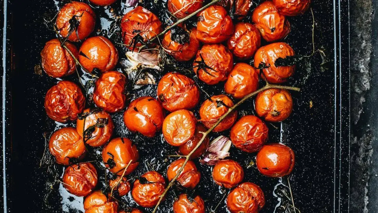Geröstete Tomaten mit Knoblauch und Kräutern auf einem Blech. Die süßen, confierten Tomaten verströmen einen unwiderstehlichen Duft.