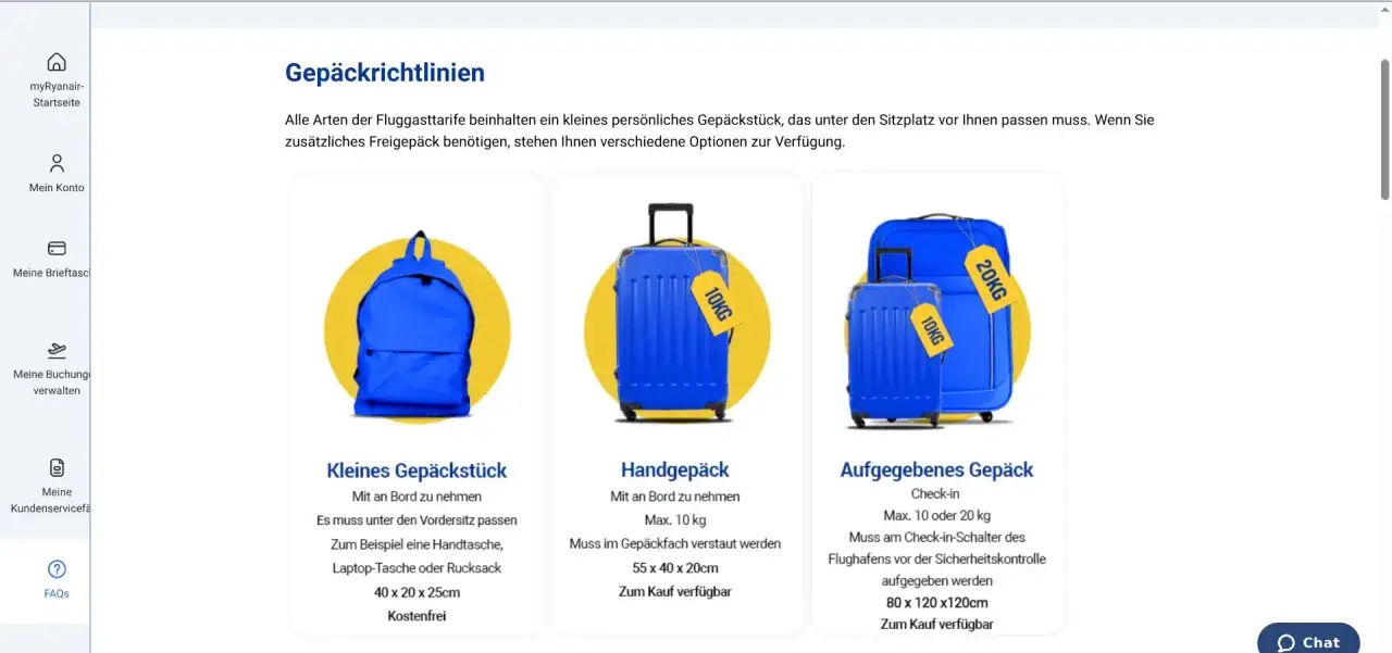 Ryanair: jak mierzyć bagaż rejestrowany. Zdjęcie przedstawia trzy rodzaje bagażu: mały, podręczny i rejestrowany, z podanymi wymiarami i wagą.