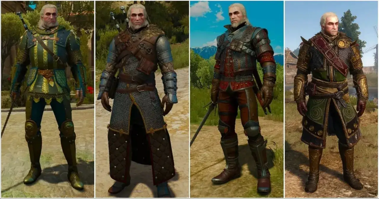 Geralt w czterech różnych zbrojach, prezentujących najlepszy rynsztunek z Wiedźmin 3. Każdy strój ma unikalny styl i kolorystykę.