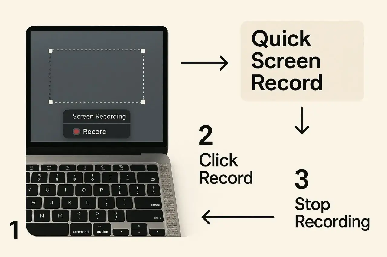 Instrukcja nagrywania ekranu na MacBooku: wybierz obszar, kliknij 