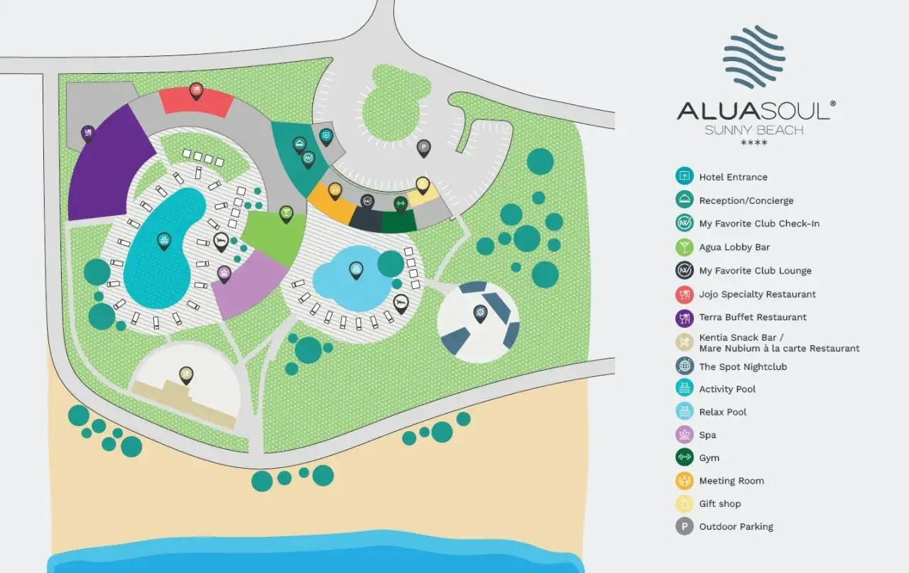 Plan hotelu Aluasoul w Sunny Beach, Bułgaria. Widok z lotu ptaka na baseny, restauracje i plażę.