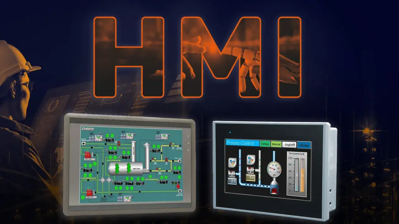 Nowoczesny human-machine interface (HMI) z ekranami sterowania procesami przemysłowymi.