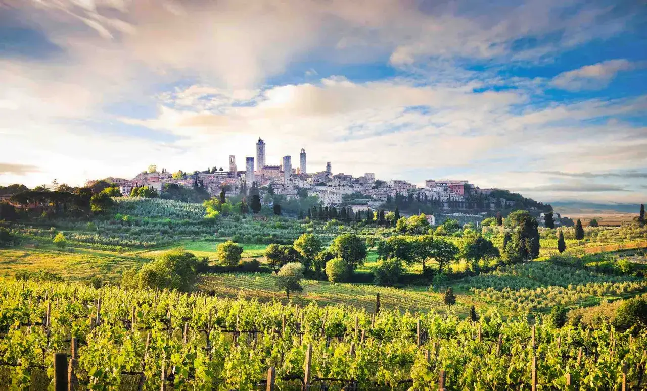 San Gimignano, uno dei borghi toscani più belli, domina la campagna con le sue torri medievali, circondato da vigneti rigogliosi e uliveti.