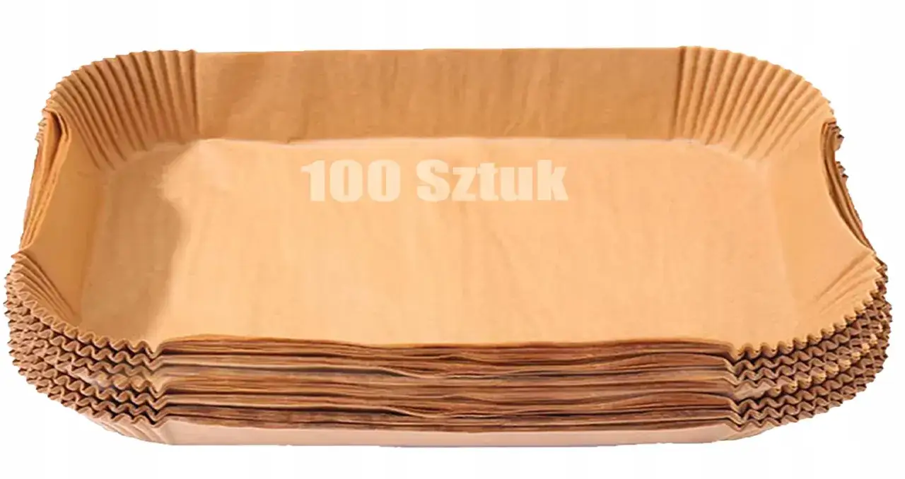 Stos papierowych foremek do pieczenia, idealnych do frytkownicy beztłuszczowej. 100 sztuk.