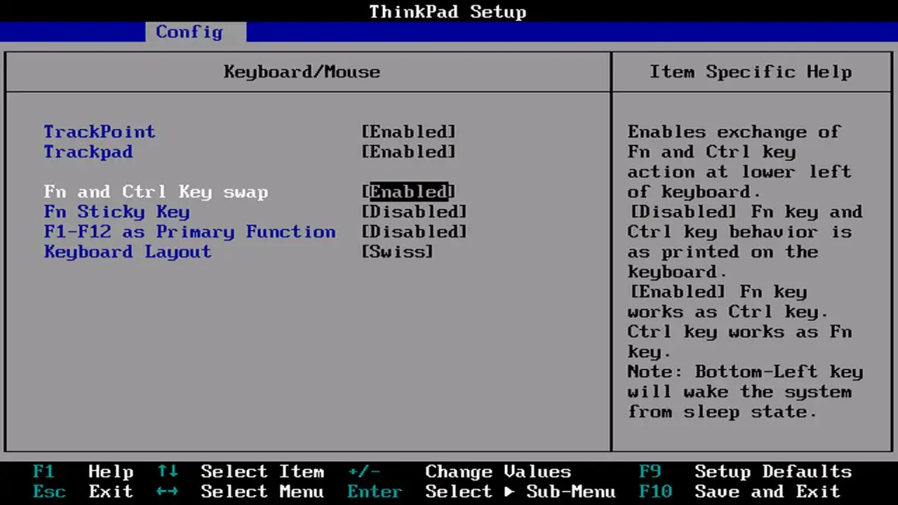 Ekran konfiguracji BIOS ThinkPad, opcje klawiatury i myszy, w tym zamiana klawiszy Fn i Ctrl. Dostęp do ustawień BIOS często wymaga naciśnięcia klawisza lenovo bios key.