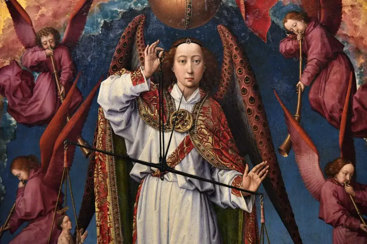 Anioł z wagą i trąbami, symbolizujący eschatologię co to. Obraz przedstawia sąd ostateczny i koniec świata.