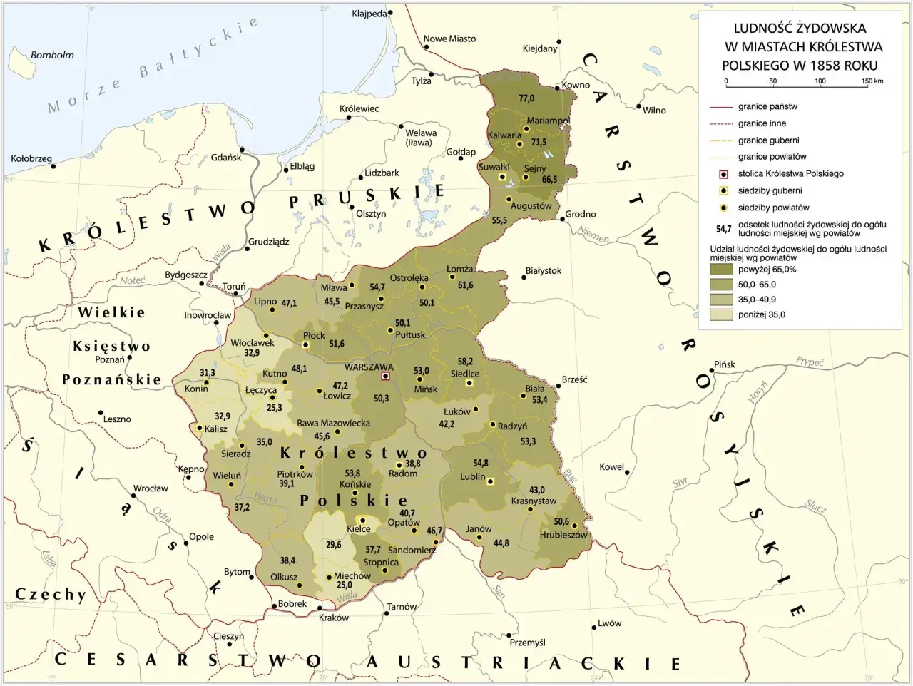 Mapa pokazuje ludność żydowską w miastach Królestwa Polskiego w 1858 roku, z zaznaczonym zaborem pruskim.