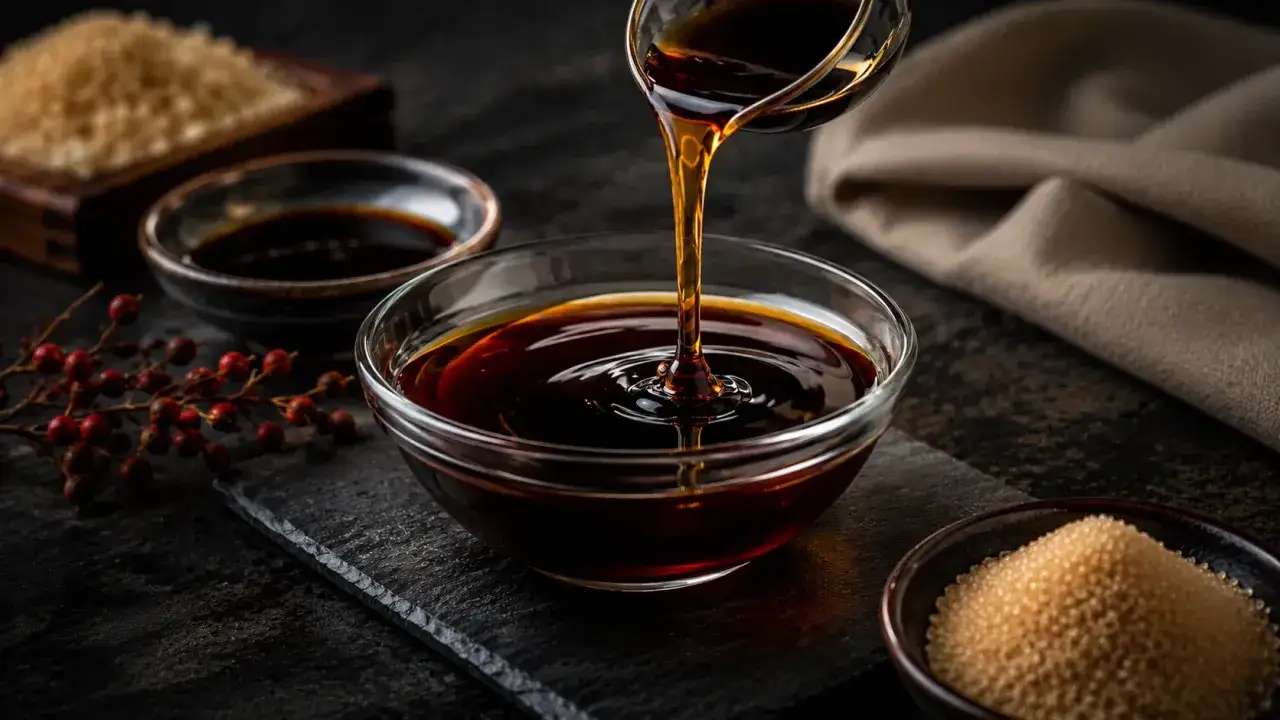 M&ouml;rk teriyakis&aring;s h&auml;lls i en sk&aring;l. Ingredienser f&ouml;r ett gott teriyakis&aring;s recept syns.