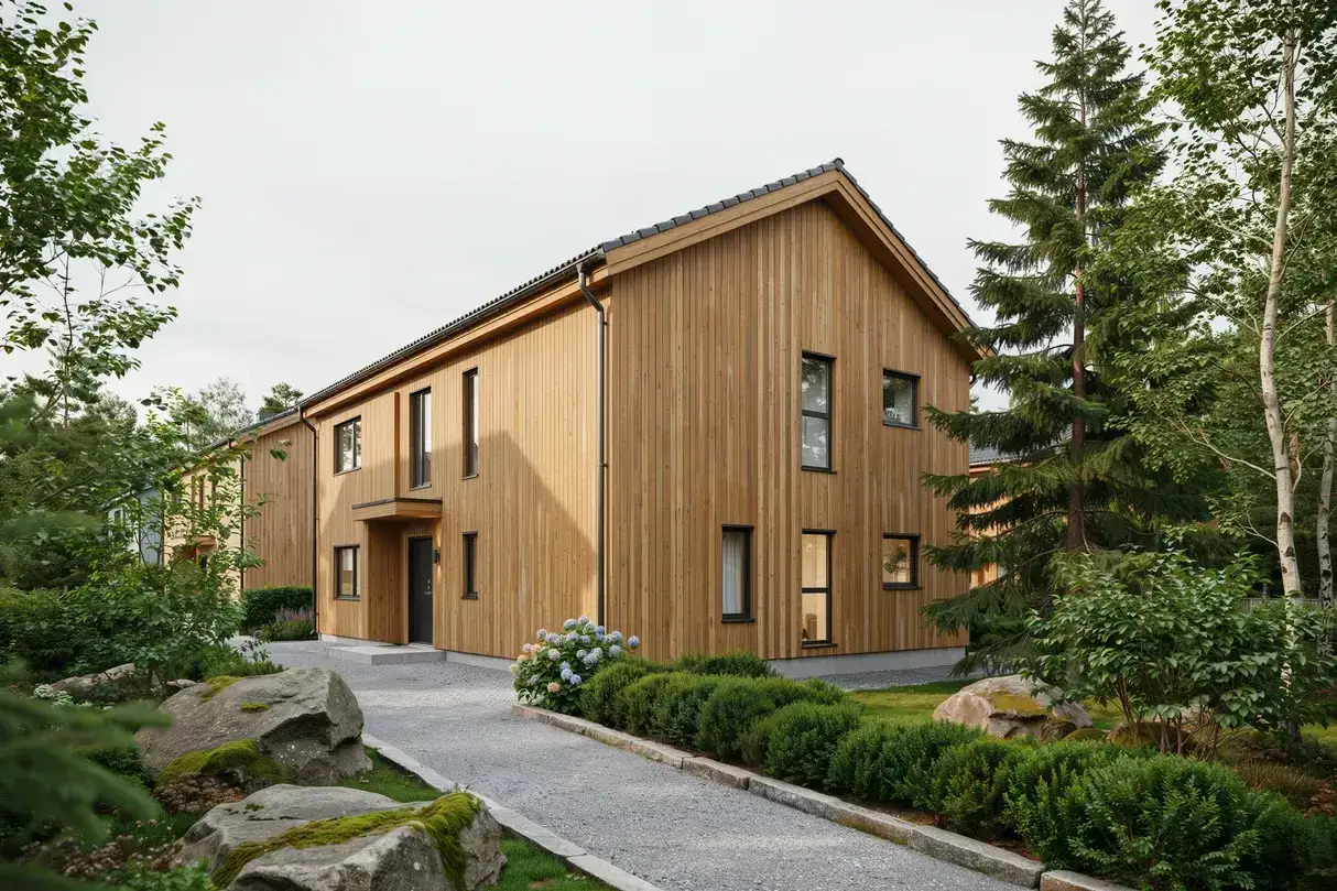 Moderna tr&auml;hus med en varm, gyllene fasad. En vacker tr&auml;dg&aring;rd med stenar och gr&ouml;nska ramar in husen, perfekt f&ouml;r den som vill byta fasad och skapa ett nytt utseende.