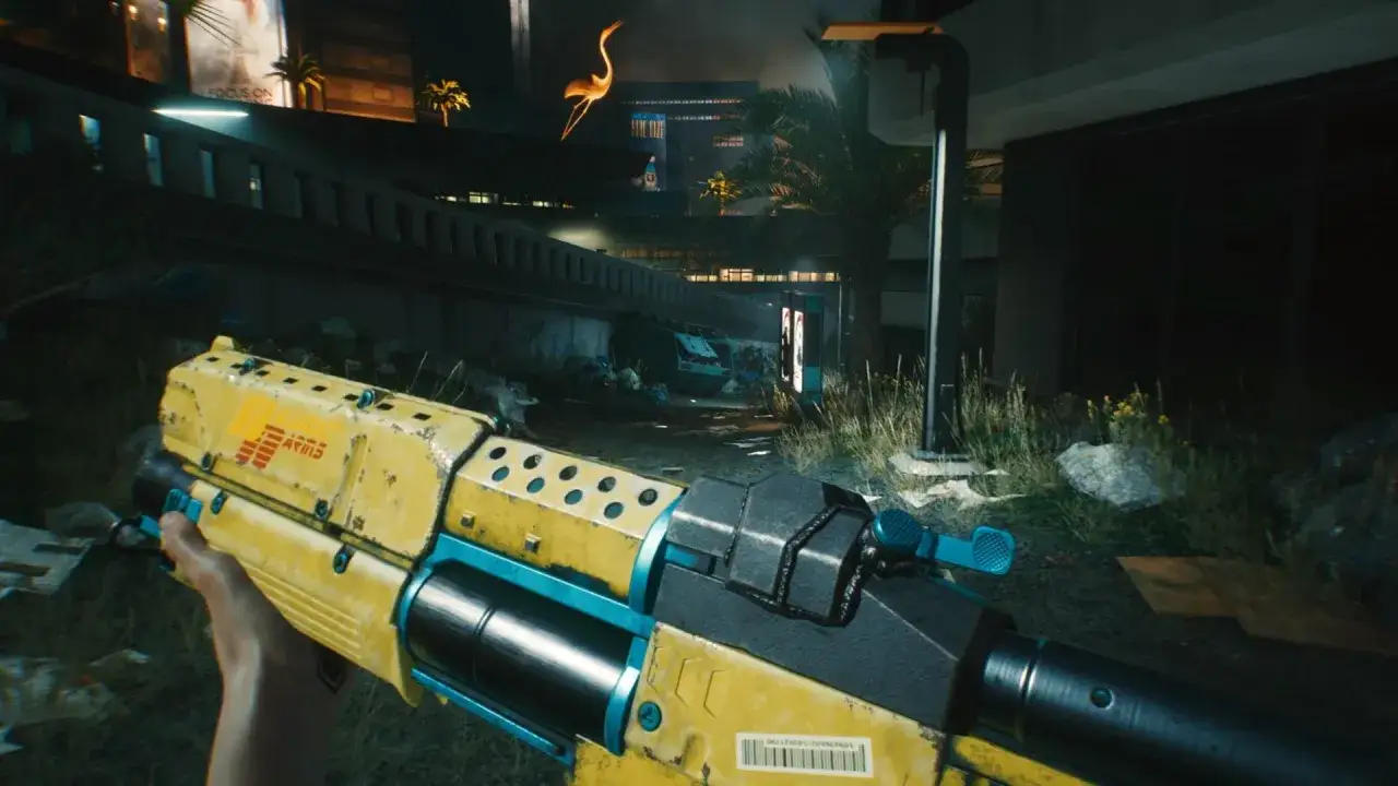 Cyberpunk 2077: żółty karabin, jeden z najlepszych broni, gotowy do akcji w mrocznym mieście.