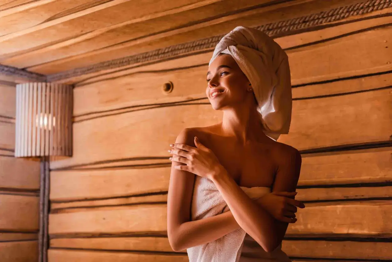 Uśmiechnięta kobieta w ręczniku relaksuje się w saunie. Czy sauna po treningu jest zdrowa? Tak, to świetny sposób na regenerację.