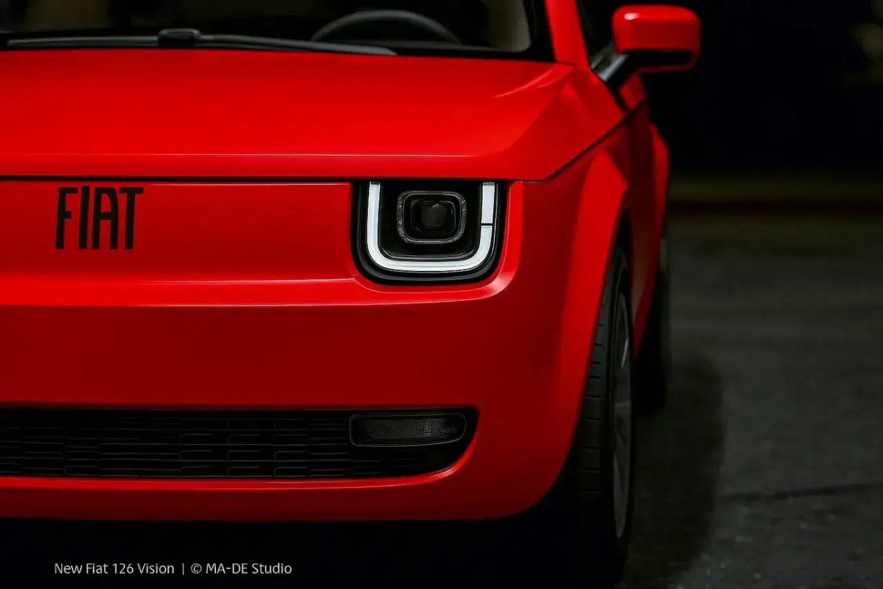 Nowy Fiat 126p w czerwonym kolorze, z nowoczesnym oświetleniem LED i charakterystycznym logo FIAT.
