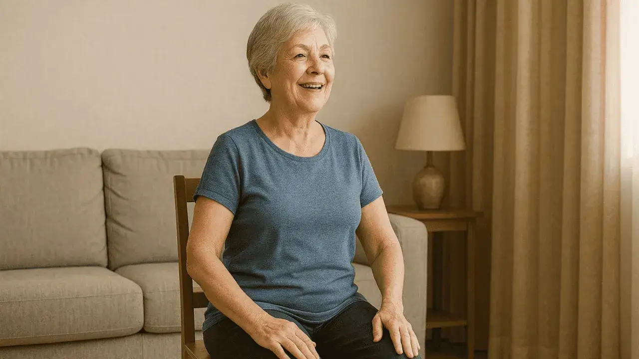 Une femme souriante profite d'une séance de yoga sur chaise, assise confortablement dans un salon lumineux.