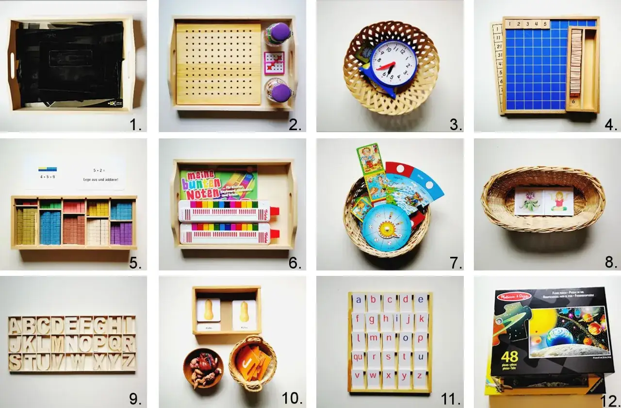 Montessori Kinderzimmer 5 Jahre: Lernmaterialien wie Zahlenstäbe, Buchstaben und ein Spiel zum Uhrlernen.