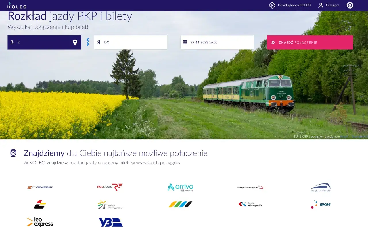 Strona KOLEO ułatwia podróżowanie. Wpisz skąd i dokąd chcesz jechać, wybierz datę i dowiedz się, jak kupić bilet na pociąg.