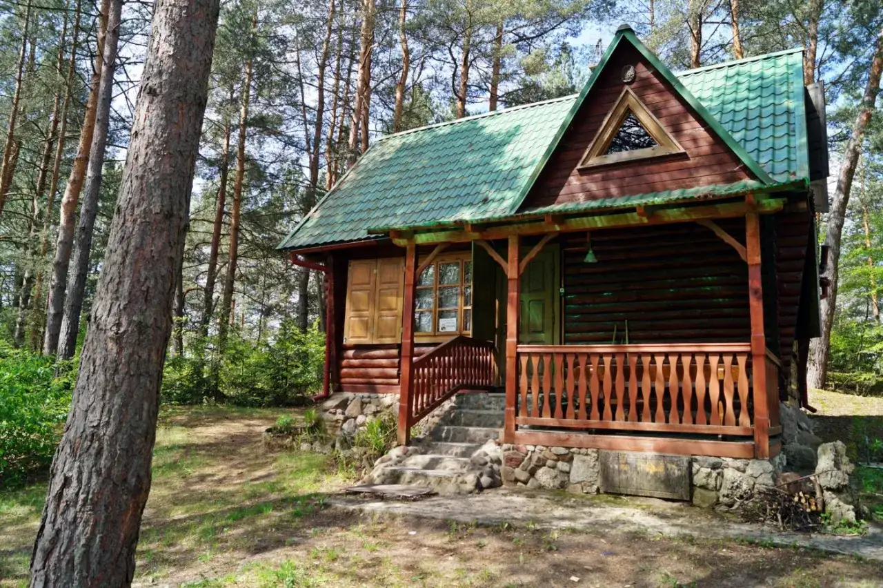 Uroczy domek w lesie, z zielonym dachem i drewnianą werandą, zaprasza do odpoczynku wśród drzew.