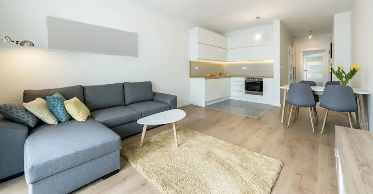 Salón moderno con sofá gris, mesa de centro y cocina integrada. El suelo de parquet es ideal para un piso de 70m2.