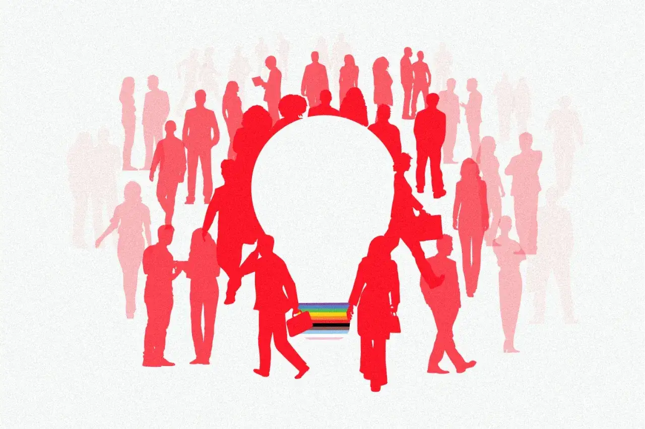 Silhouettes of people surround a lightbulb, symbolizing the collective effort and diverse characteristics of innovation.