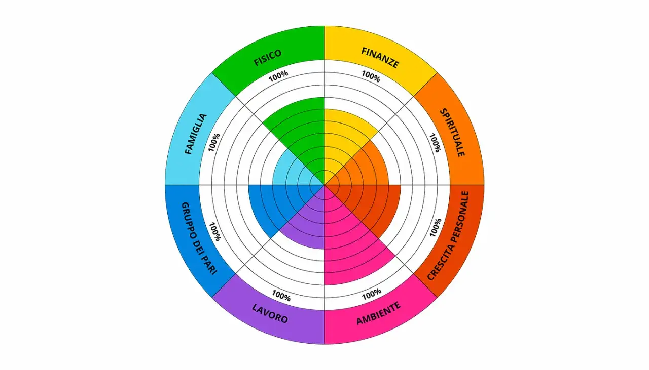 Ruota della vita con aree: Fisico, Finanze, Spirituale, Crescita Personale, Ambiente, Lavoro, Gruppo dei Pari, Famiglia. Tutte al 100%. Voglio cambiare vita.