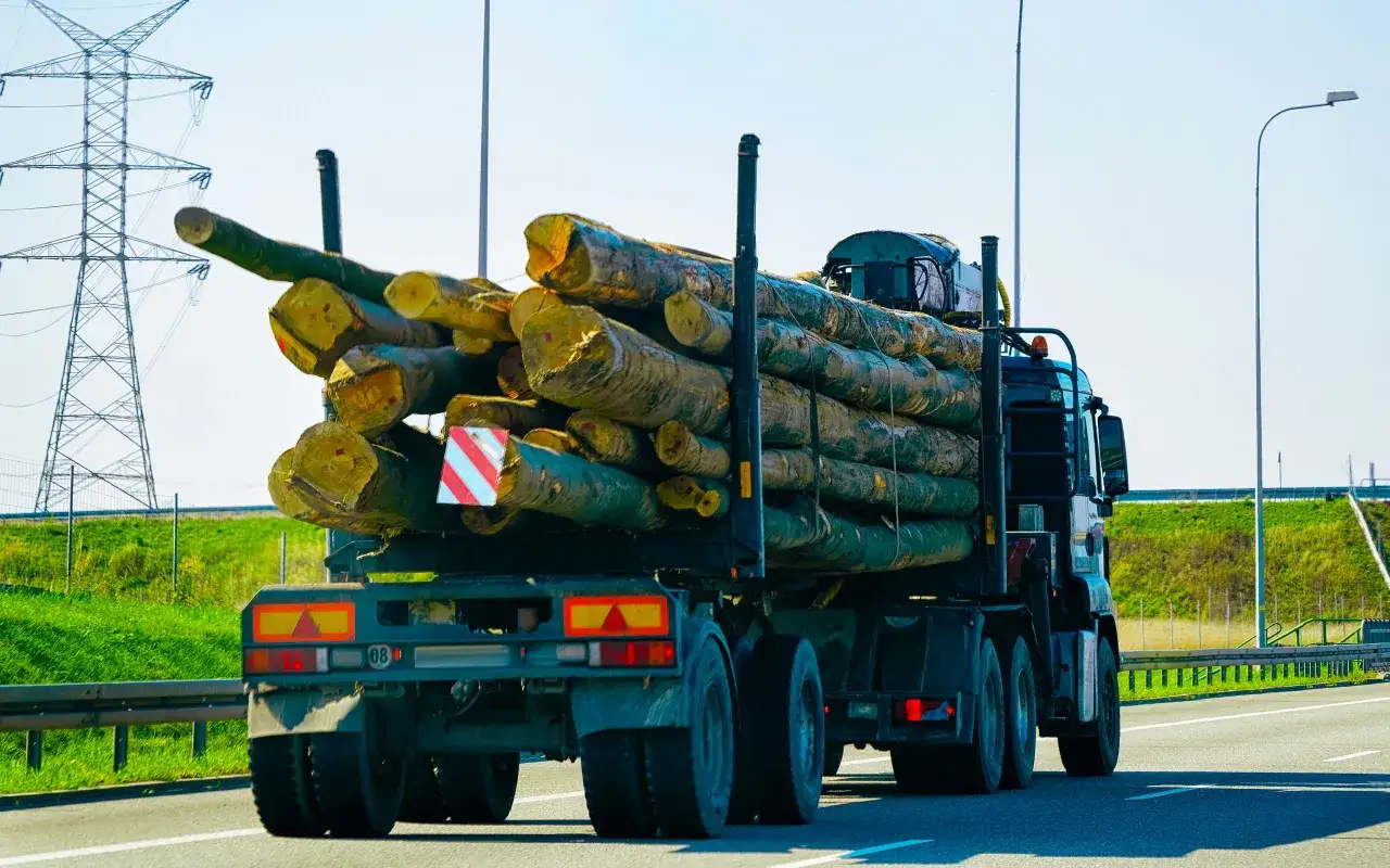 Ciężarówka z drewnem na przyczepie, widoczne tablice gabarytowe.