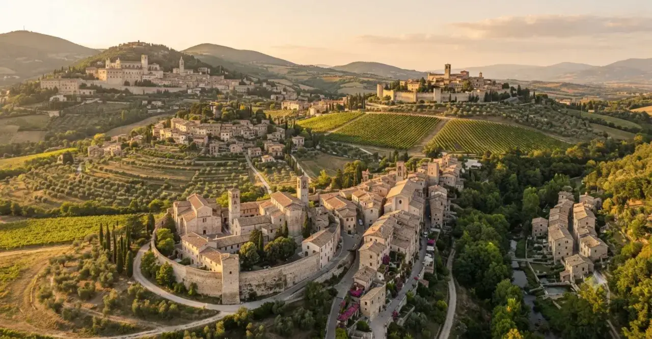 Panoramica aerea di incantevoli borghi umbri, con case in pietra, uliveti e vigneti che si estendono sulle colline.