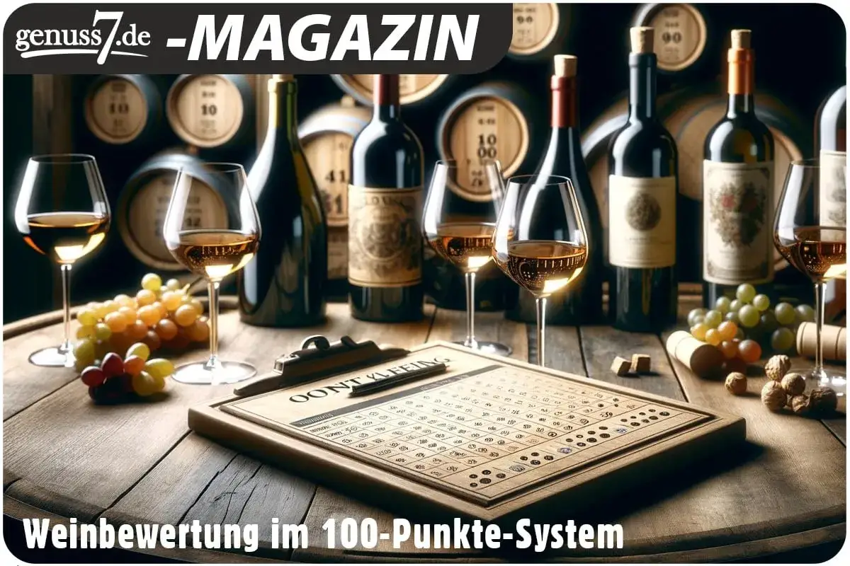 Weinbewertungen im 100-Punkte-System: Gl&auml;ser, Flaschen und Trauben stehen bereit f&uuml;r die Verkostung.