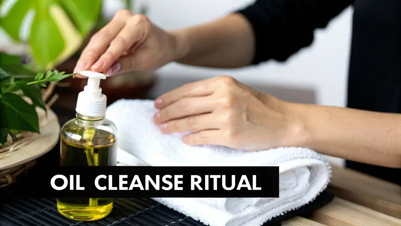 Manos aplicando aceite de ducha para un ritual de limpieza facial.