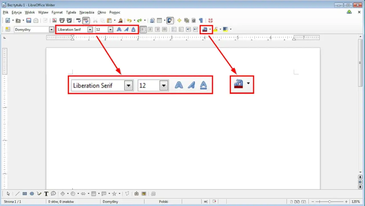 W LibreOffice Writer, strzałka wskazuje na pole wyboru czcionki