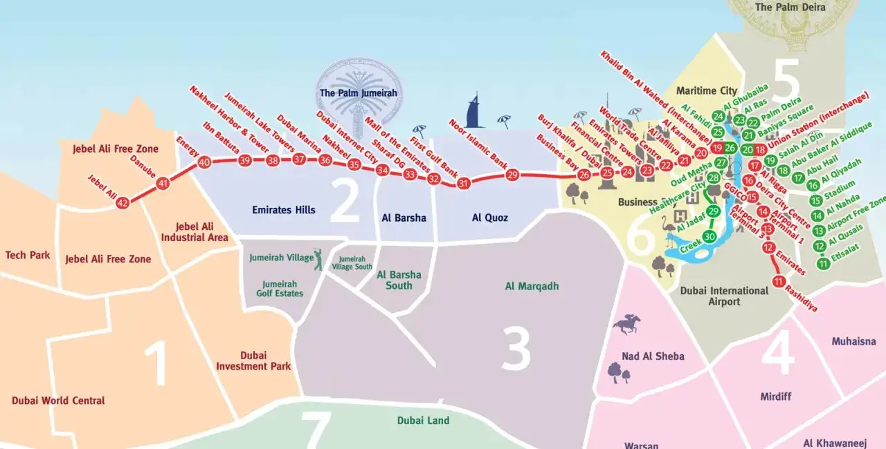 Mapa Dubaju z zaznaczonymi popularnymi dzielnicami mieszkalnymi